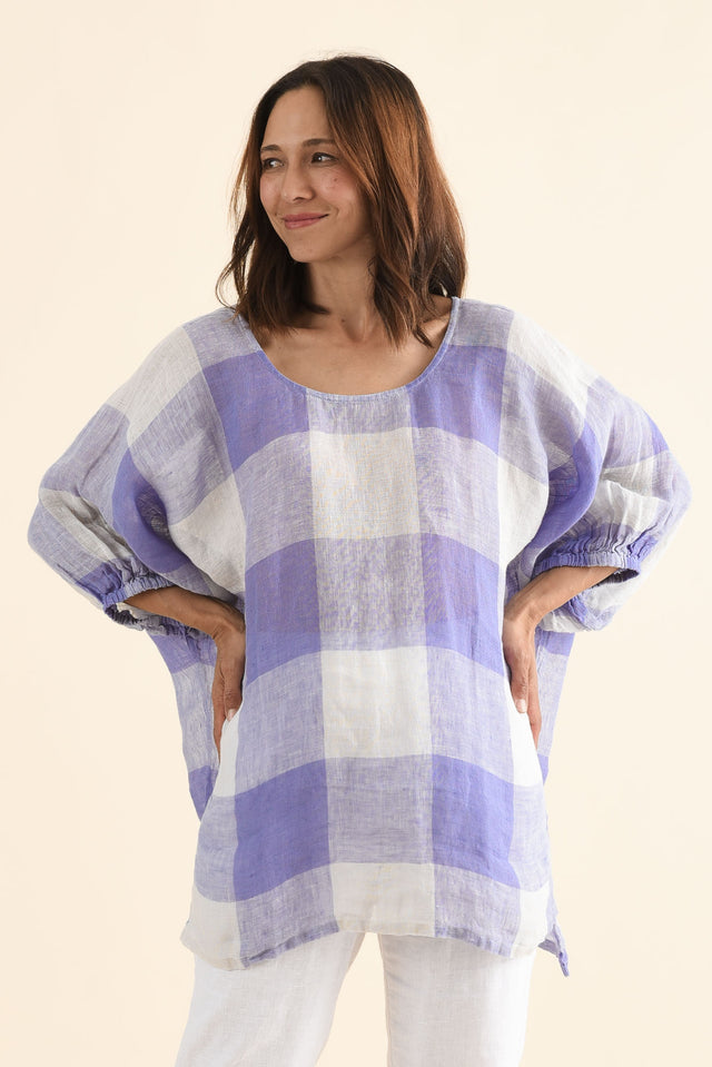 Nassau Blue Check Linen Top,Front,Brunette model,alt text|model:Cara image 1