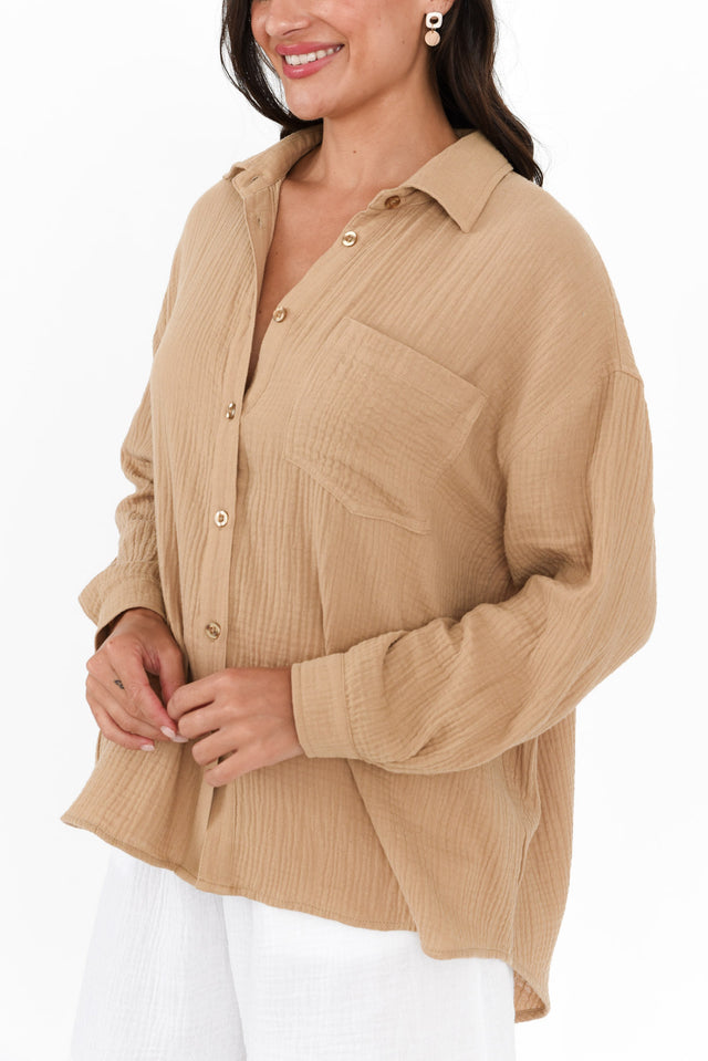 Natalia Beige Cotton Cheesecloth Shirt,Brunette model,alt text|model:Brontie image 7