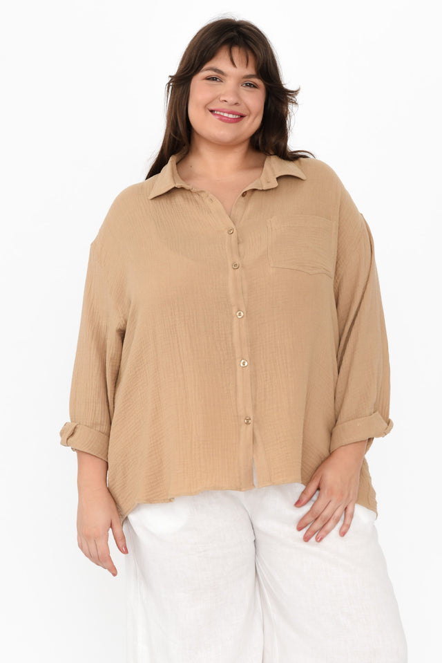 Natalia Beige Cotton Cheesecloth Shirt,Brunette model,plus-size,curve-tops,plus-size-shirts,plus-size-cotton-tops,alt text|model:Gabby image 8
