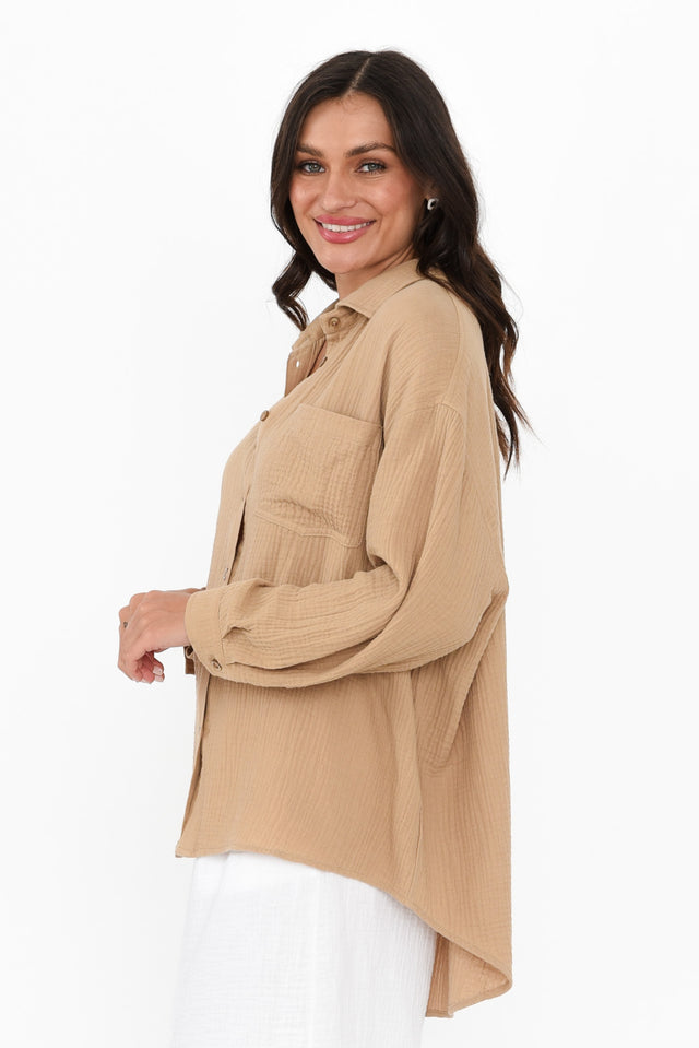 Natalia Beige Cotton Cheesecloth Shirt,Brunette model,alt text|model:Brontie image 5