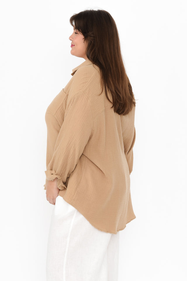 Natalia Beige Cotton Cheesecloth Shirt,Brunette model,alt text|model:Gabby image 9