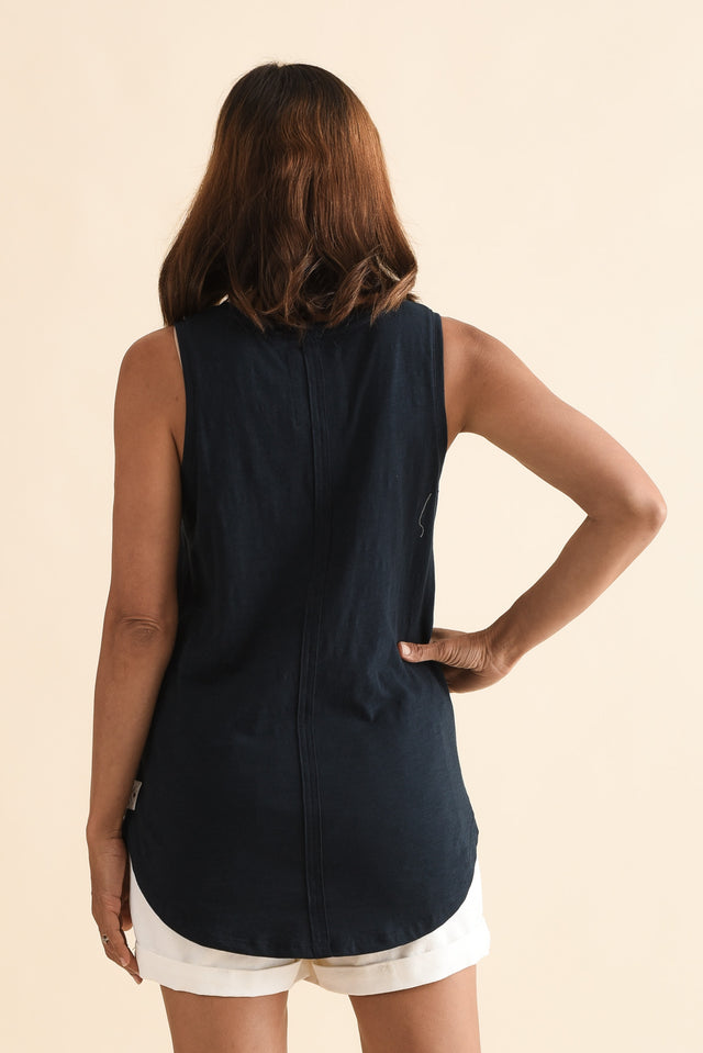 Navy Cotton Scoop Tank,Back,Brunette model,alt text|model:Cara image 4