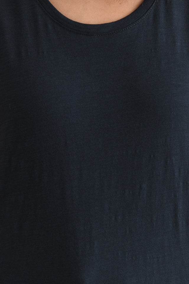 Navy Cotton Scoop Tank,Detail,Brunette model,alt text|model:Cara image 6