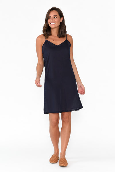 navy slip dress with white lace LACE-TRIMMED SLIP DRESS IN BLUE | CULT MIA