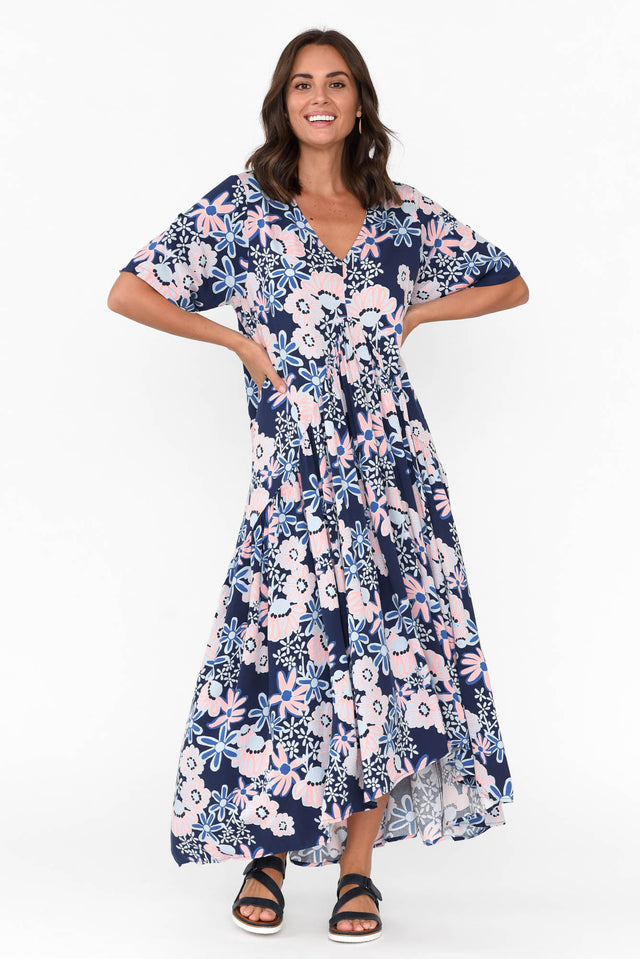 Navy Floral Peak Maxi Dress