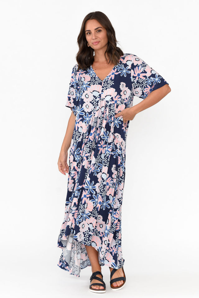 Navy Floral Peak Maxi Dress