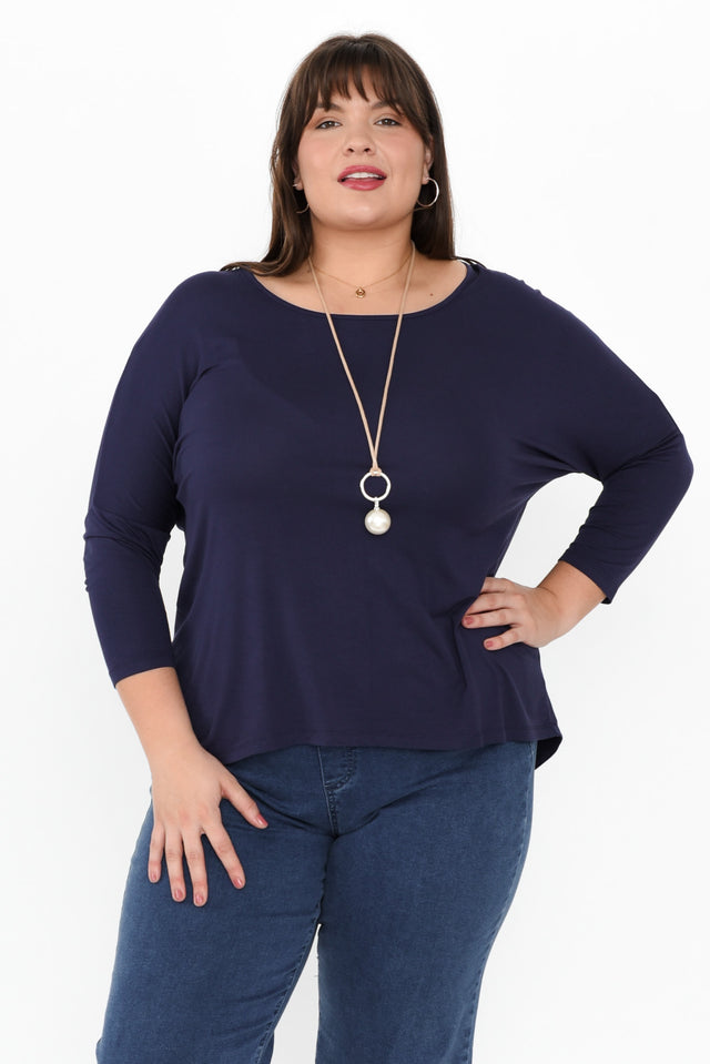 Navy Milan 3/4 Sleeve Top,Brunette model,plus-size,curve-basics,curve-tops,plus-size-sleeved-tops,plus-size-basic-tops,plus-size-winter-clothing,alt text|model:Gabby image 9