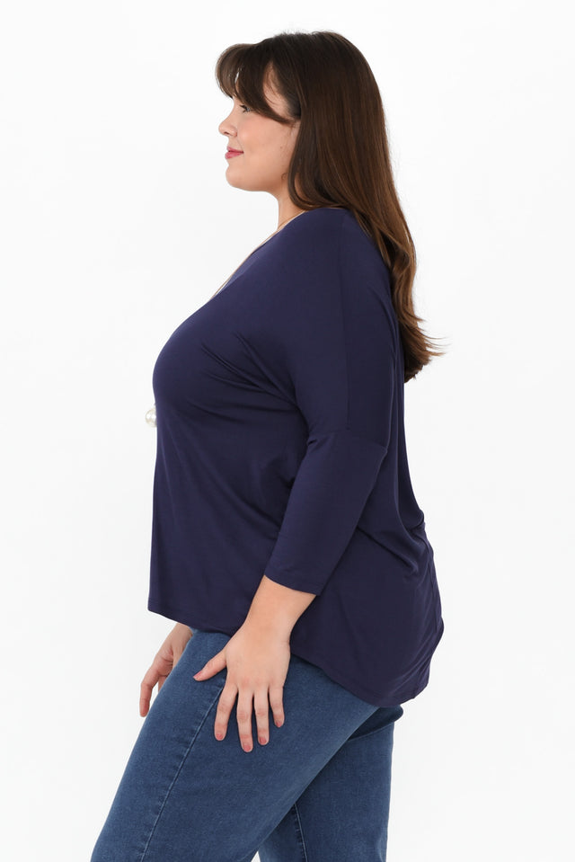Navy Milan 3/4 Sleeve Top,Brunette model,alt text|model:Gabby image 11