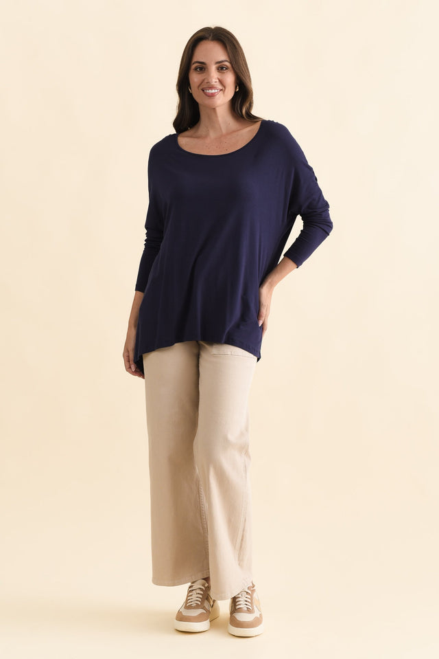 Navy Milan 3/4 Sleeve Top,Brunette model,alt text|model:MJ image 4
