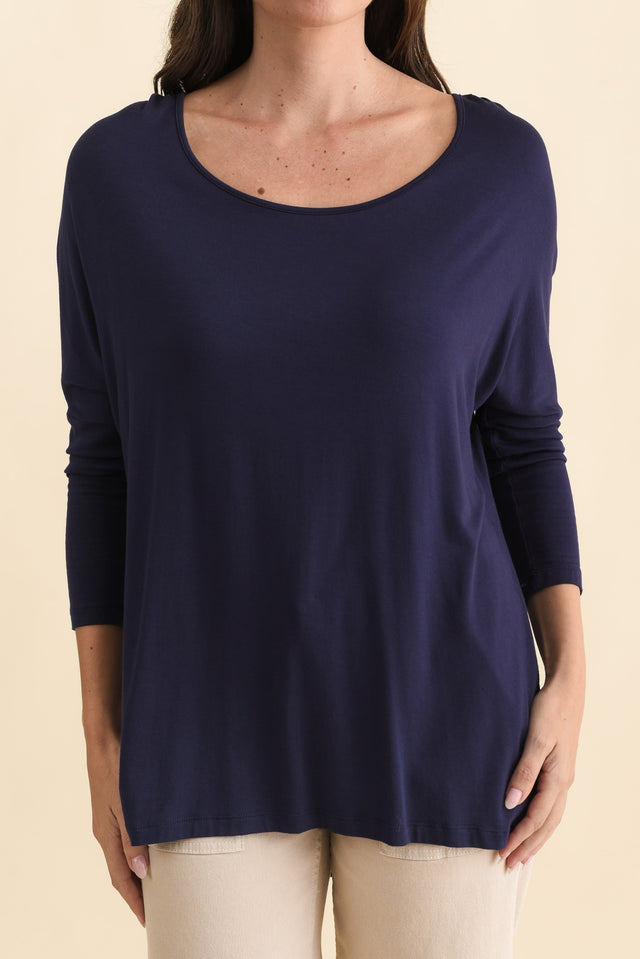Navy Milan 3/4 Sleeve Top,Brunette model,alt text|model:MJ image 7