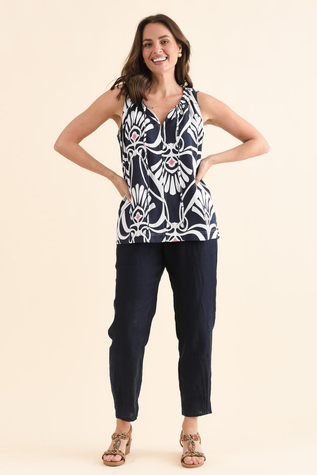 Neisha Navy Abstract Tassel Top,Full Body,Brunette model,alt text|model:MJ image 6
