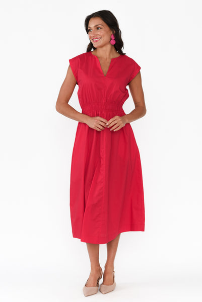 Nelly Red Cotton Midi Dress Blue Bungalow AU