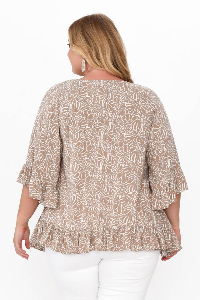 Nesryn Tan Botanical Tassel Ruffle Top