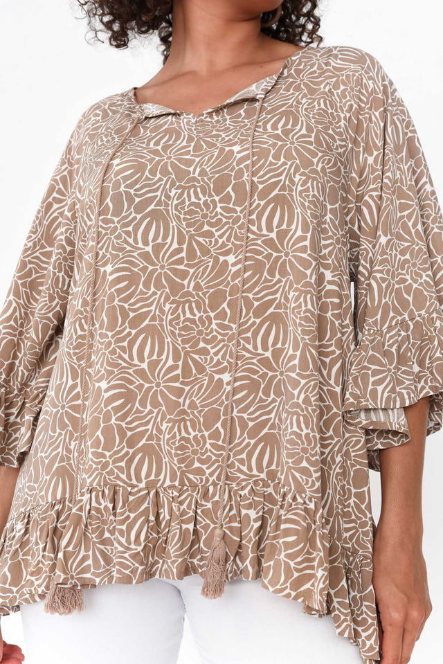 Nesryn Tan Botanical Tassel Ruffle Top