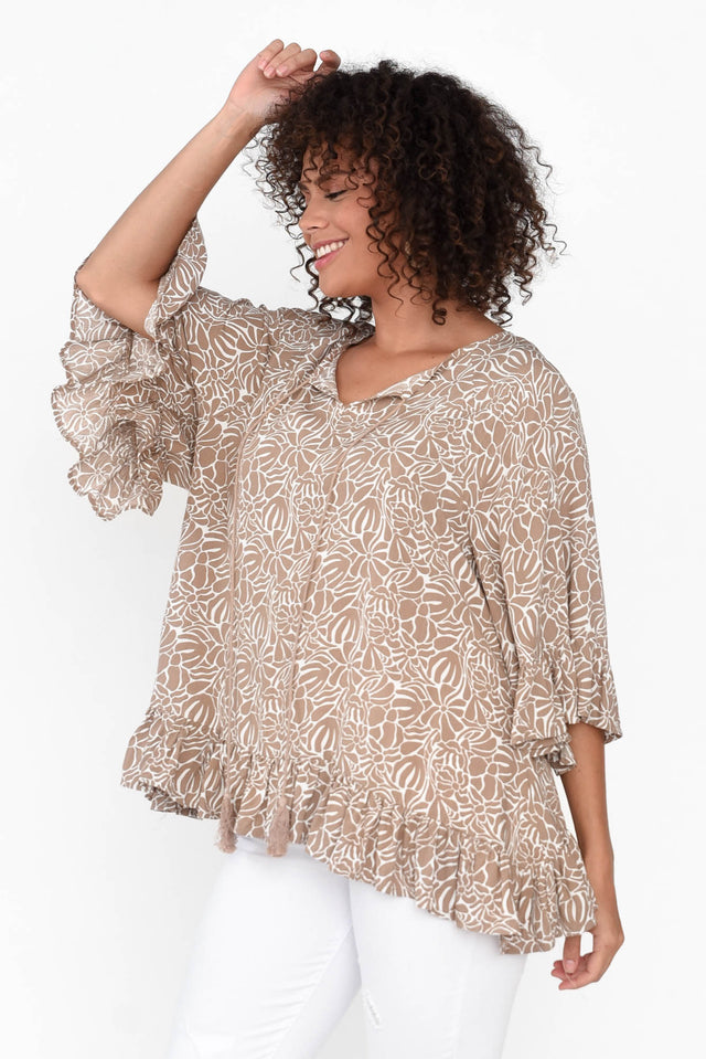 Nesryn Tan Botanical Tassel Ruffle Top