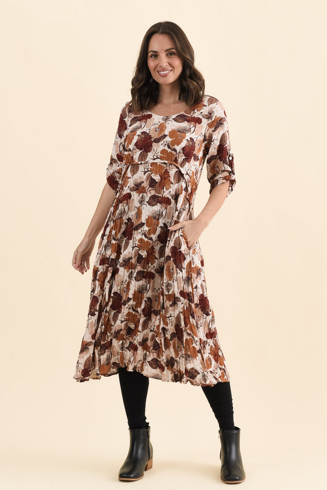 Nessa Brown Flower Crescent Dress,Full Body,Brunette model,alt text|model:MJ image 4