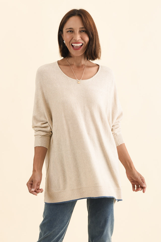 Nick Beige Organic Cotton Knit Jumper,Brunette model,alt text|model:Cara image 1