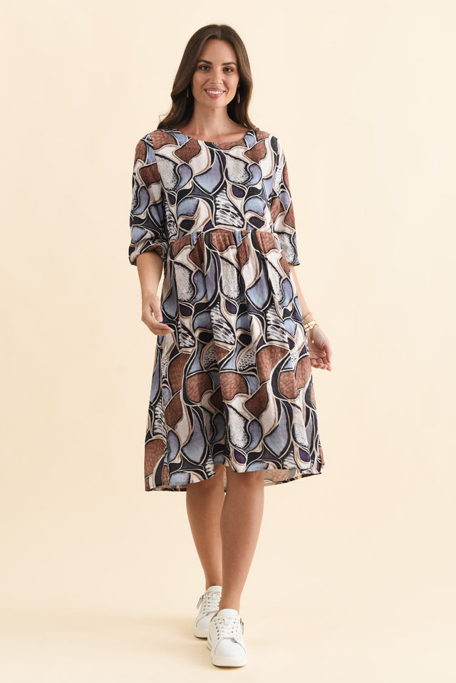Nicolette Blue Abstract Cotton Blend Sleeved Dress,Brunette model,alt text|model:MJ image 3