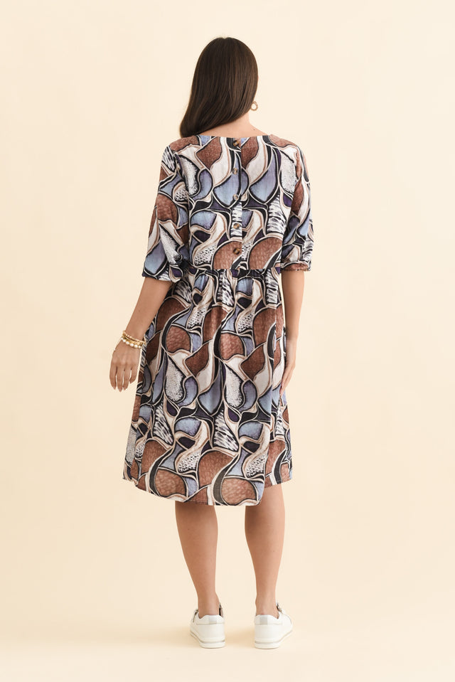 Nicolette Blue Abstract Cotton Blend Sleeved Dress,Brunette model,alt text|model:MJ image 5
