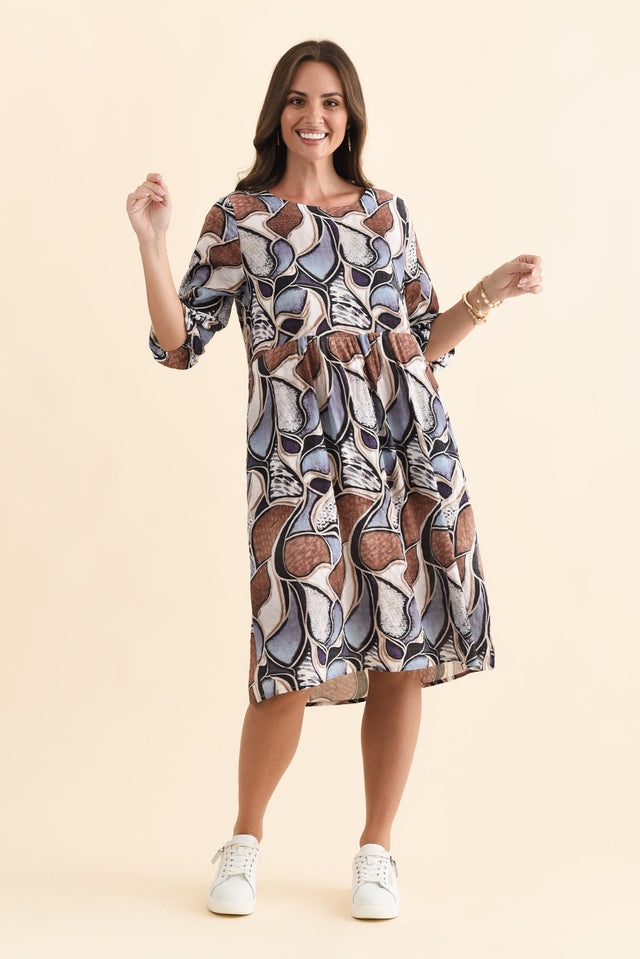 Nicolette Blue Abstract Cotton Blend Sleeved Dress,Brunette model,alt text|model:MJ image 7