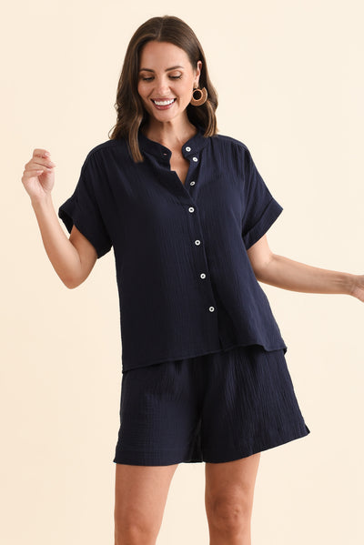 Nicoline Navy Cotton Button Top
