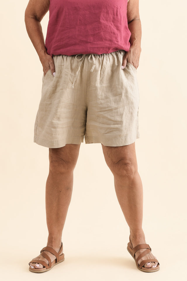 Nirah Beige Linen Pocket Shorts,Front,Brunette model,alt text|model:Pilita image 8