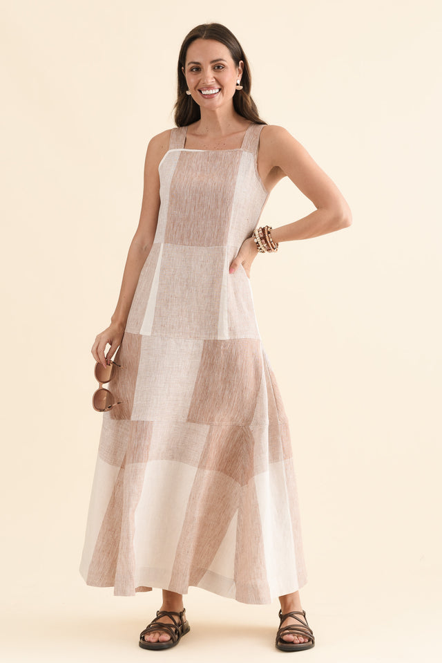 Nixie Beige Check Linen Dress,Front,Brunette model,alt text|model:MJ