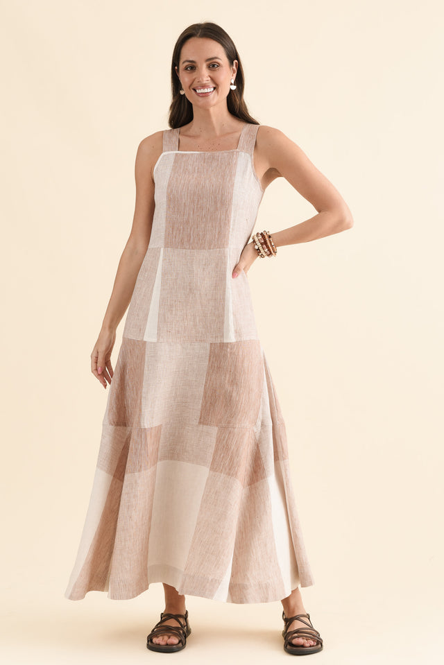 Nixie Beige Check Linen Dress,Full Body,Brunette model,alt text|model:MJ