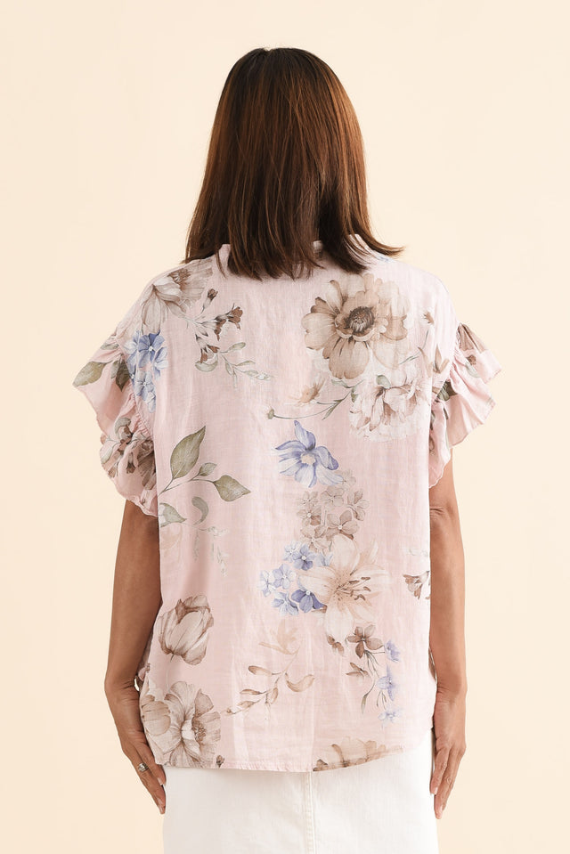 Noella Pink Floral Linen Ruffle Top,Back,Brunette model,alt text|model:Cara image 4