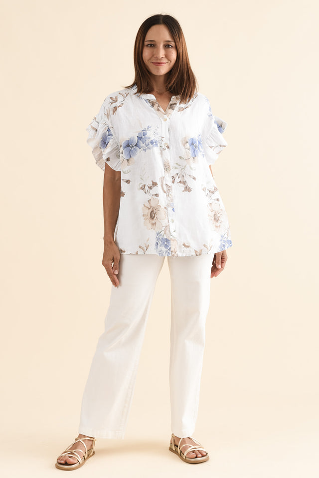 Noella White Floral Linen Ruffle Top,Full Body,Brunette model,alt text|model:Cara image 6