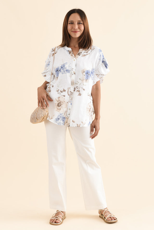 Noella White Floral Linen Ruffle Top,Full Body,Brunette model,alt text|model:Cara image 2