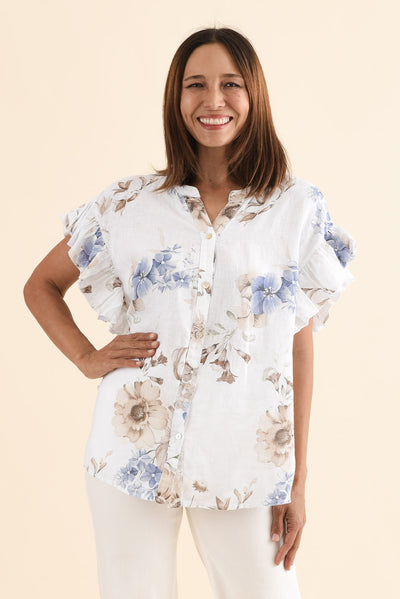 Noella White Floral Linen Ruffle Top
