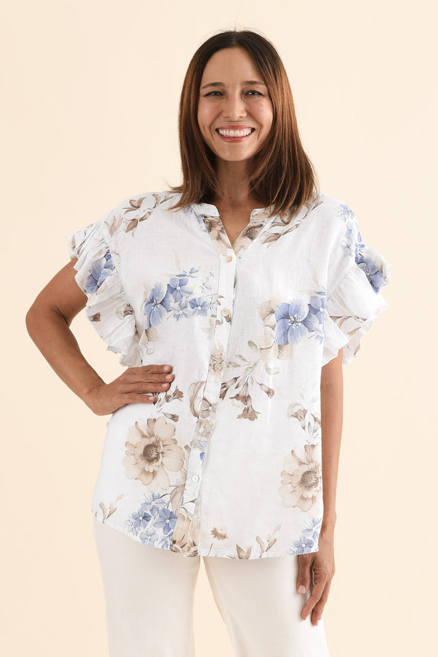Noella White Floral Linen Ruffle Top,Front,Brunette model,alt text|model:Cara image 1