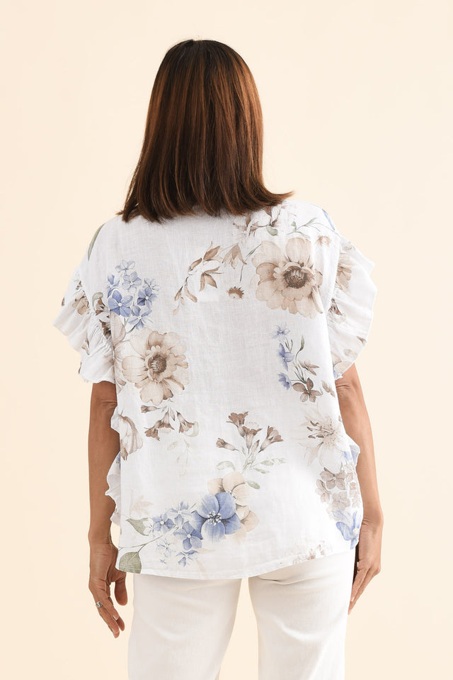 Noella White Floral Linen Ruffle Top,Back,Brunette model,alt text|model:Cara image 4