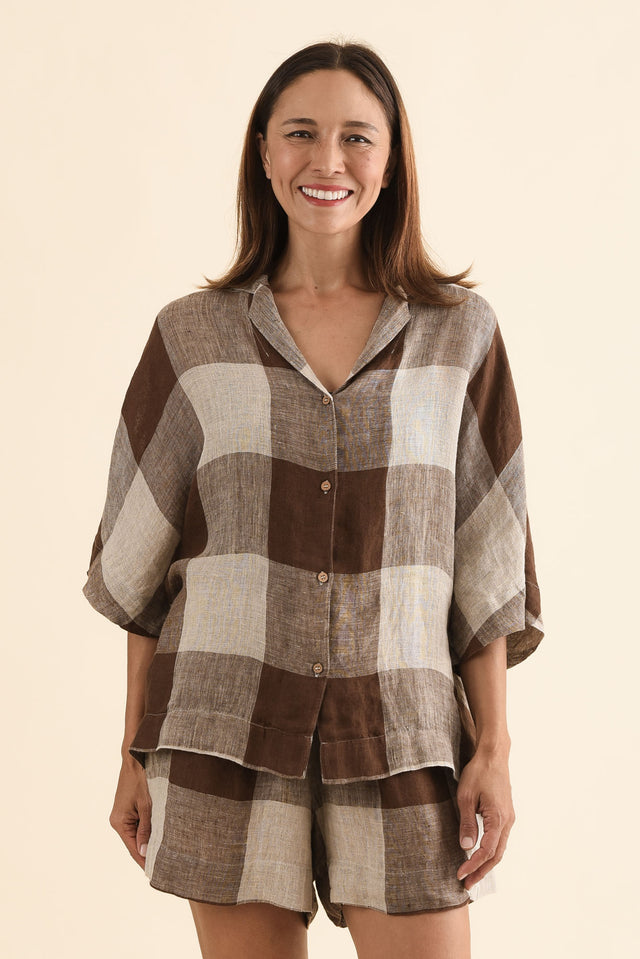 Noemi Chocolate Check Linen Shirt,Front,Brunette model,alt text|model:Cara