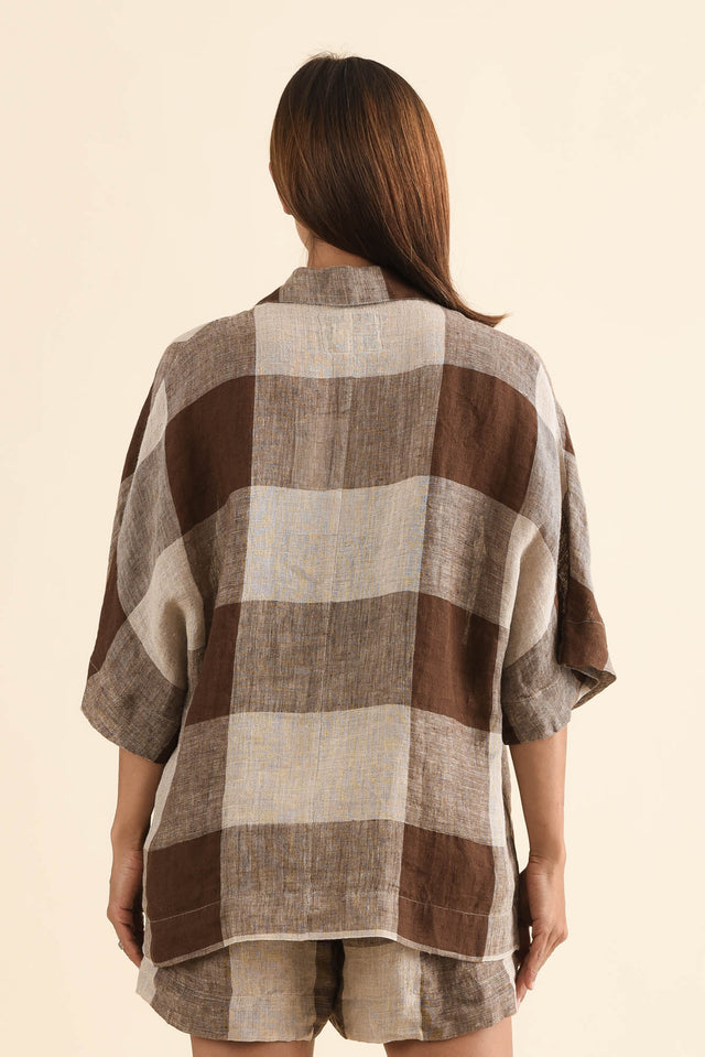 Noemi Chocolate Check Linen Shirt,Back,Brunette model,alt text|model:Cara image 4