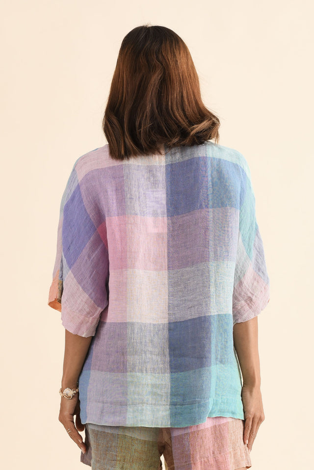 Noemi Multi Check Linen Shirt,Back,Brunette model,alt text|model:Cara image 4