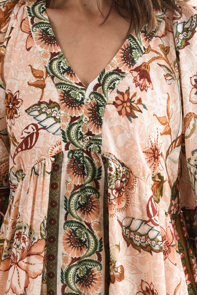Nolia Beige Floral Cotton Ruffle Dress,Detail,Brunette model,alt text|model:Cara image 5