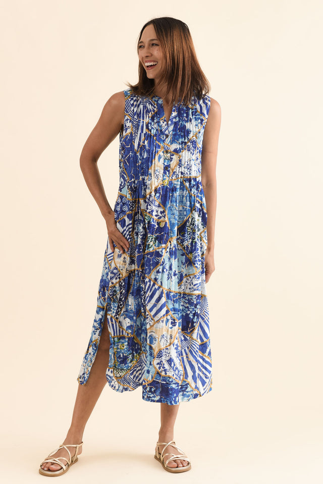 Nome Blue Ocean Cotton Sleeveless Dress,Full Body,Brunette model,alt text|model:Cara image 2
