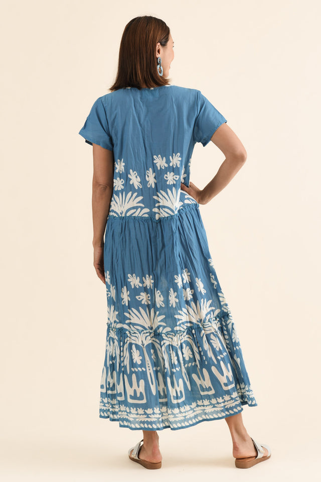 Nona Blue Beach Crinkle Cotton Maxi Dress,Back,Brunette model,alt text|model:Cara image 4