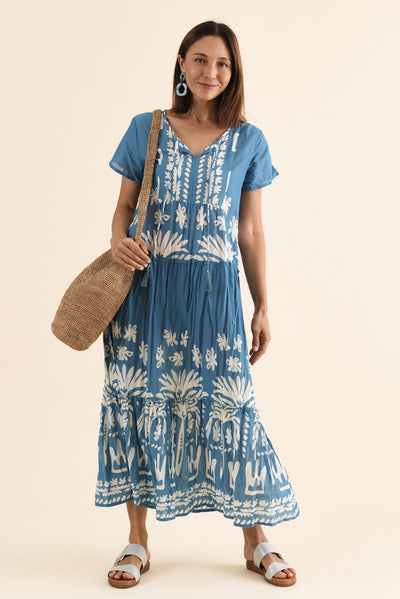 Nona Blue Beach Crinkle Cotton Maxi Dress