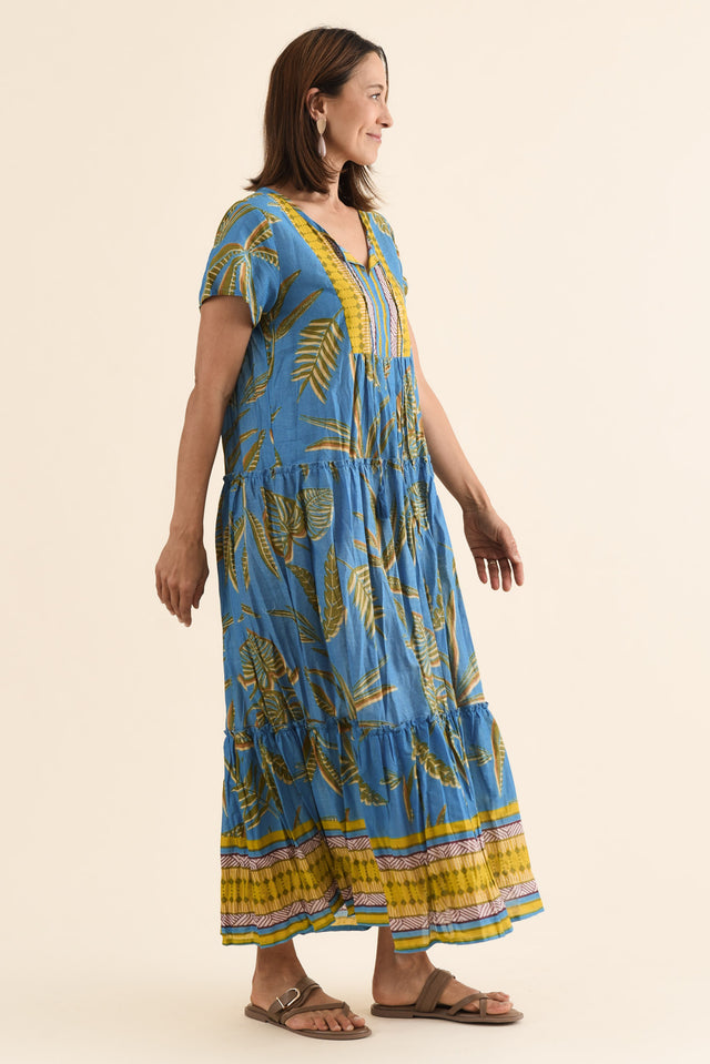Nona Blue Island Crinkle Cotton Maxi Dress,Side,Brunette model,alt text|model:Cara image 3