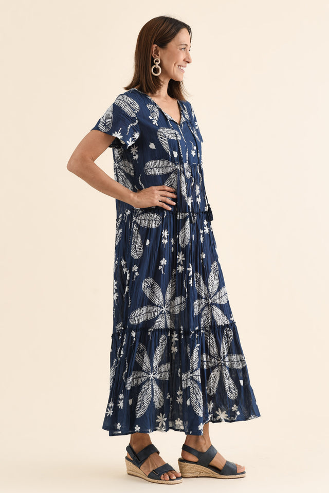 Nona Navy Flower Crinkle Cotton Maxi Dress,Side,Brunette model,alt text|model:Cara image 3
