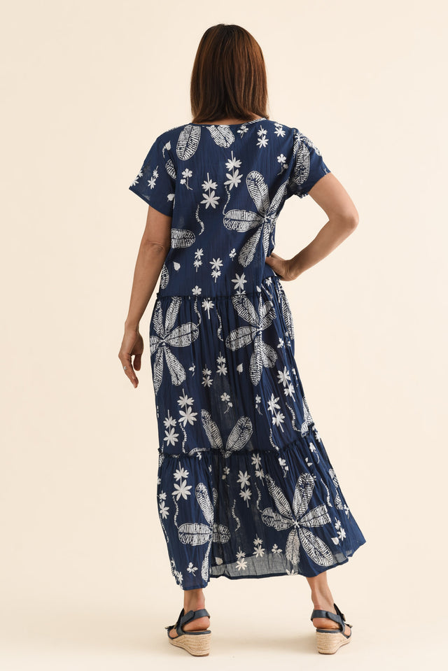 Nona Navy Flower Crinkle Cotton Maxi Dress,Back,Brunette model,alt text|model:Cara image 4