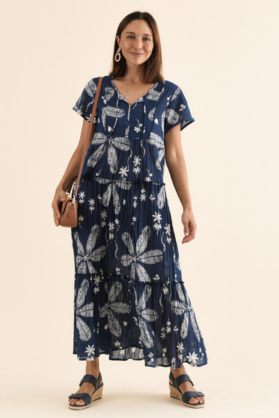 Nona Navy Flower Crinkle Cotton Maxi Dress