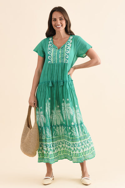 Nona Green Beach Crinkle Cotton Maxi Dress