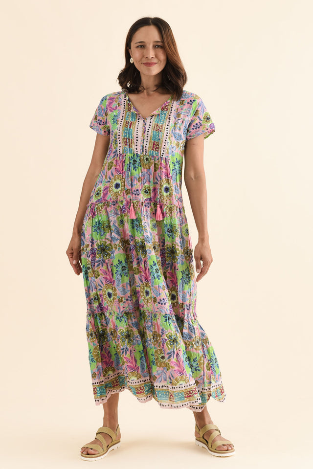 Nona Pink Floral Crinkle Cotton Maxi Dress,Front,Brunette model,alt text|model:Cara