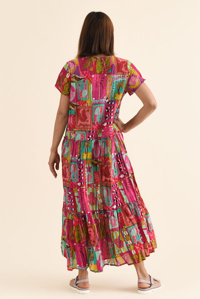 Nona Pink Tile Crinkle Cotton Maxi Dress,Back,Brunette model,alt text|model:Cara image 4