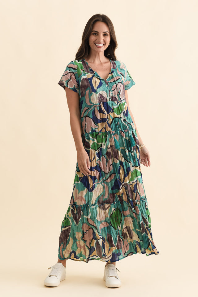 Nona Teal Foliage Crinkle Cotton Maxi Dress,Brunette model,alt text|model:MJ image 4