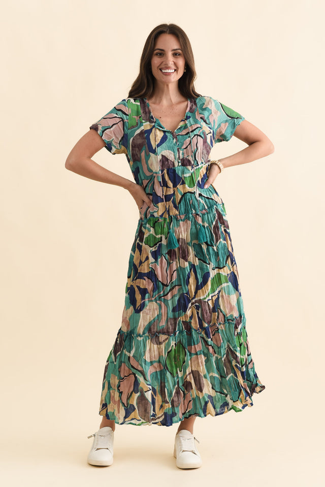 Nona Teal Foliage Crinkle Cotton Maxi Dress,Brunette model,alt text|model:MJ image 8